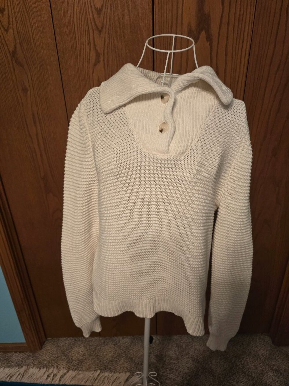 Evereve White Cotton Shawl Collar Button Sweater Medium Cozy Quiet Luxury